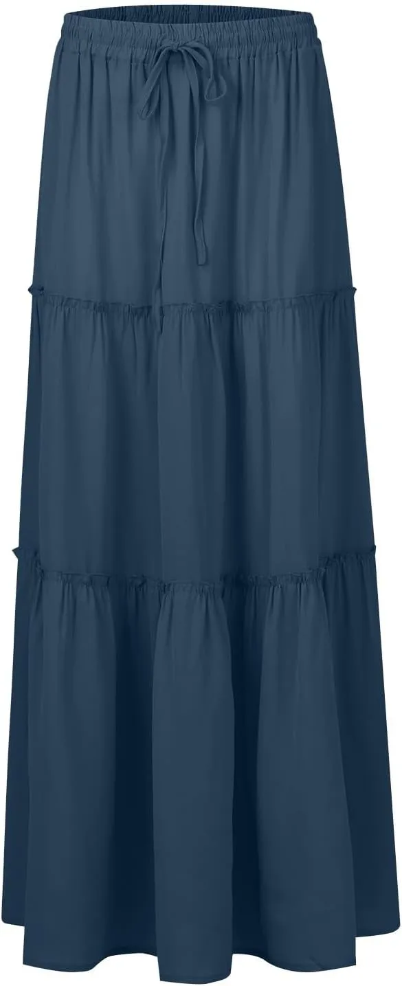 Women's Skirts Casual Summer Elastic High Waisted Flowy A Line Long Skirts Trendy Pleated Plus Size Maxi Skirts with Pockets
