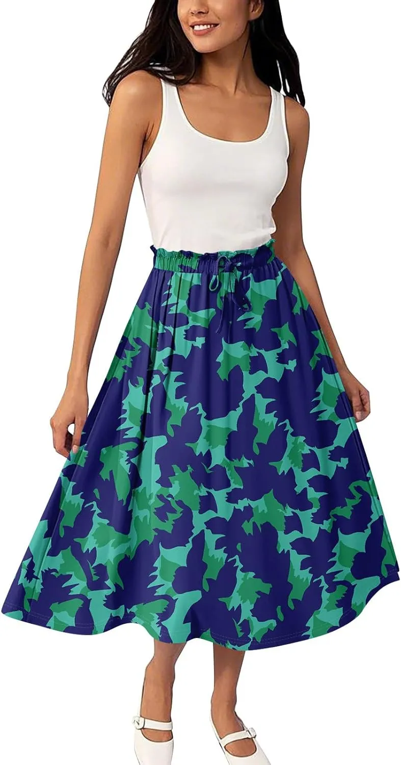 Womens Skirts Midi Length Flowy Summer Drawstring Elastic High Waist Knee Skirt A Line Floral Pleated Skirts