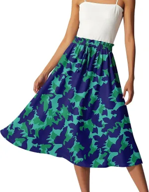 Womens Skirts Midi Length Flowy Summer Drawstring Elastic High Waist Knee Skirt A Line Floral Pleated Skirts