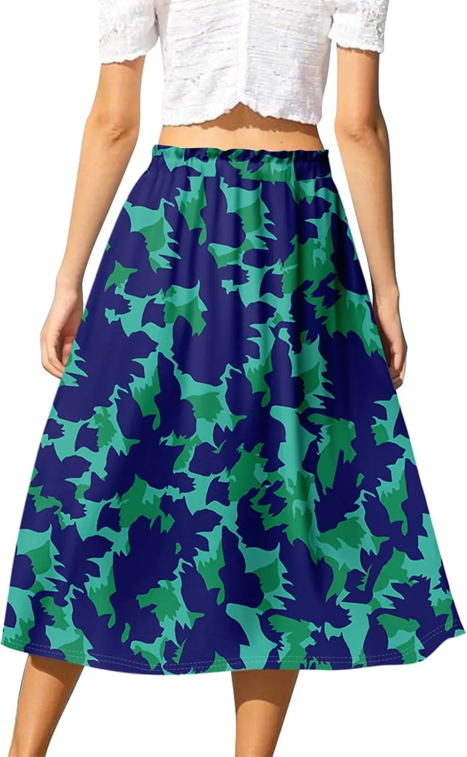 Womens Skirts Midi Length Flowy Summer Drawstring Elastic High Waist Knee Skirt A Line Floral Pleated Skirts