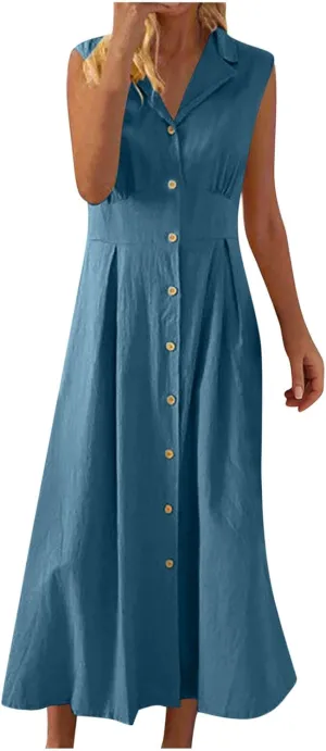 Womens Sleeveless Button Down Midi Dress Collared A Line Dresses with Pockets Loose Casual Summer Vacation Sundress