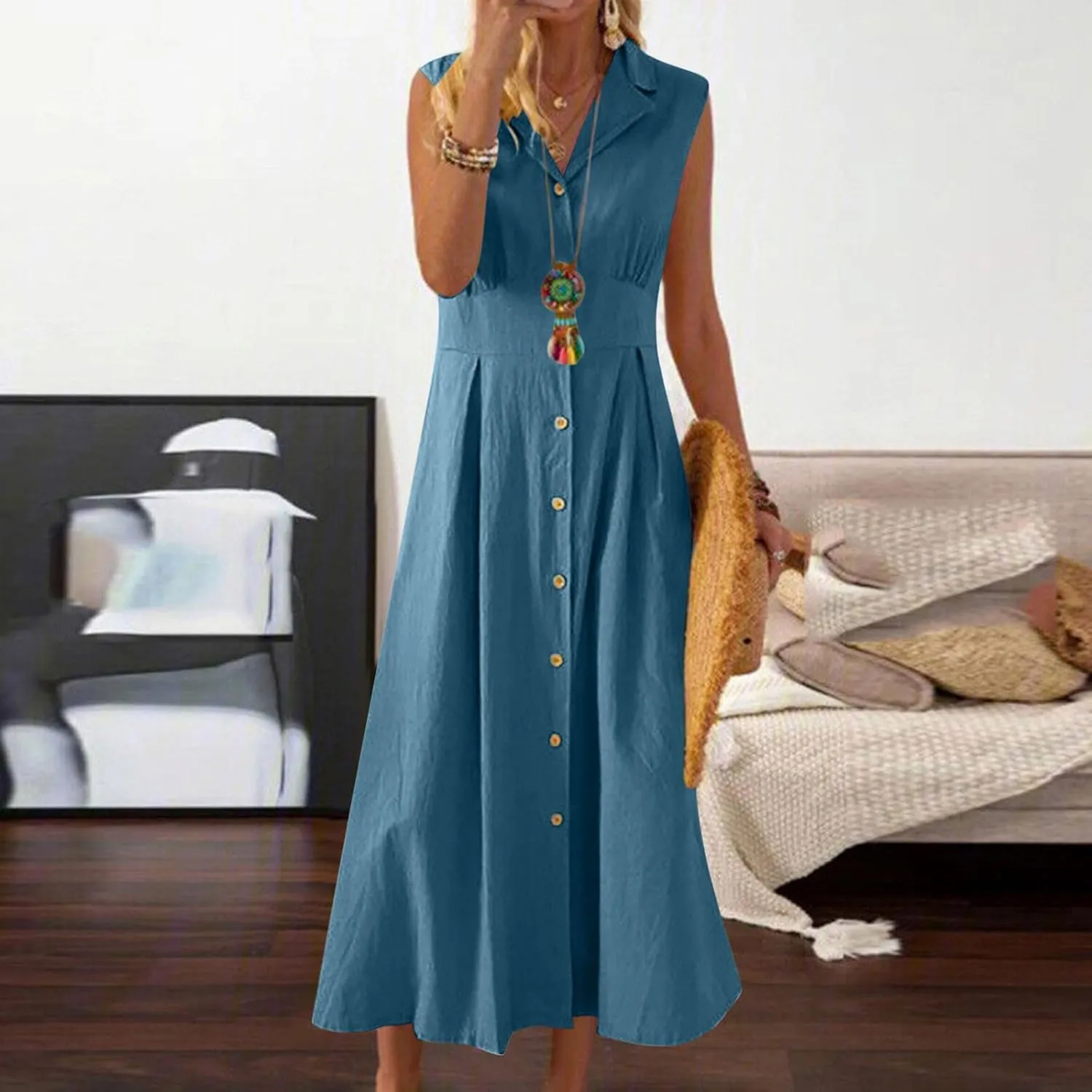 Womens Sleeveless Button Down Midi Dress Collared A Line Dresses with Pockets Loose Casual Summer Vacation Sundress