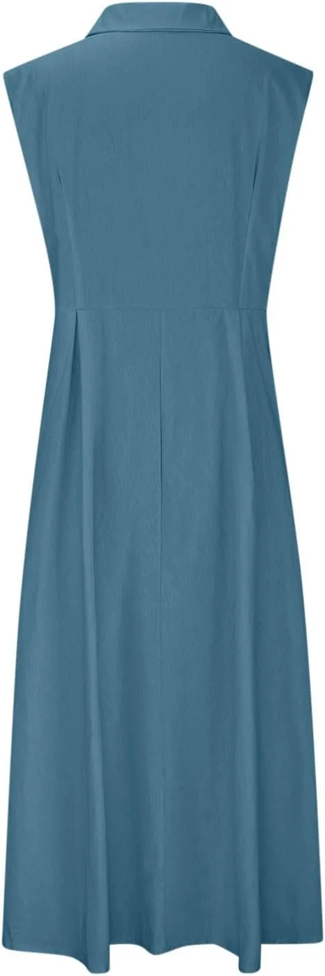 Womens Sleeveless Button Down Midi Dress Collared A Line Dresses with Pockets Loose Casual Summer Vacation Sundress