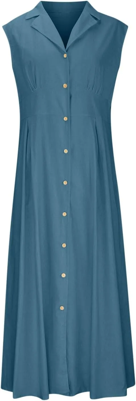 Womens Sleeveless Button Down Midi Dress Collared A Line Dresses with Pockets Loose Casual Summer Vacation Sundress