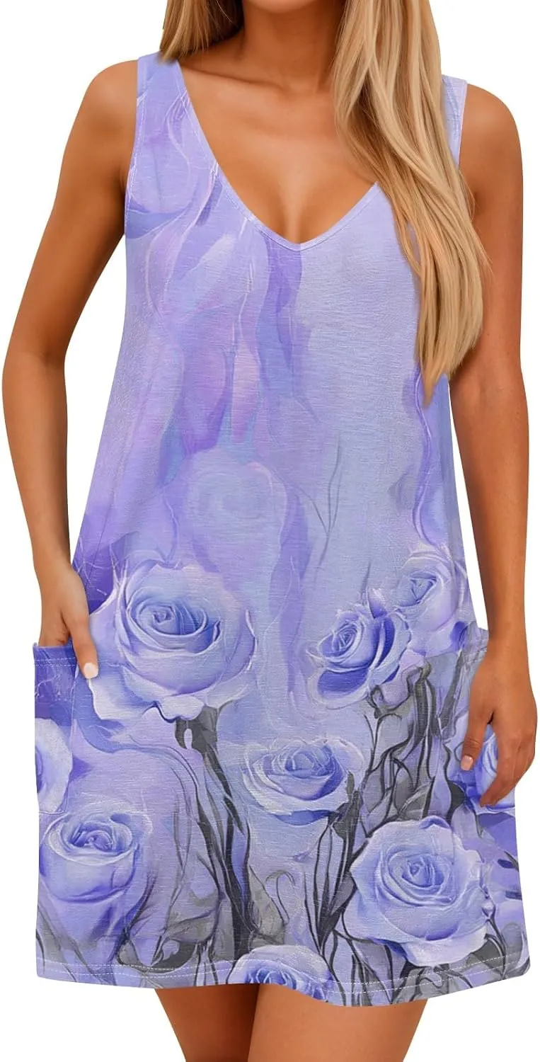 Women's Sleeveless Floral Dress Summer Casual Loose Fit V-Neck Summer for Beach, Party, or Daily Wear
