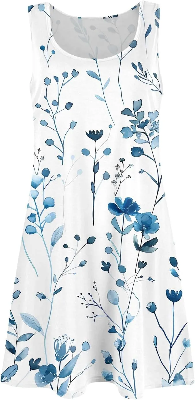 Women's Sleeveless Floral Print Summer Dress, Casual Loose Fit, Lightweight, Beach Wear, Sizes S-XXL