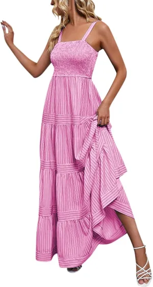 Women's Sleeveless Maxi Dress Striped Print Smocked Sexy Spaghetti Strap Square Neck Flowy Swing Maxi Length Dress