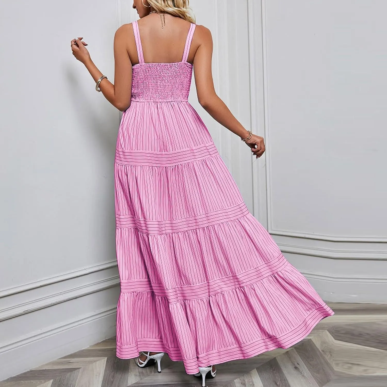 Women's Sleeveless Maxi Dress Striped Print Smocked Sexy Spaghetti Strap Square Neck Flowy Swing Maxi Length Dress