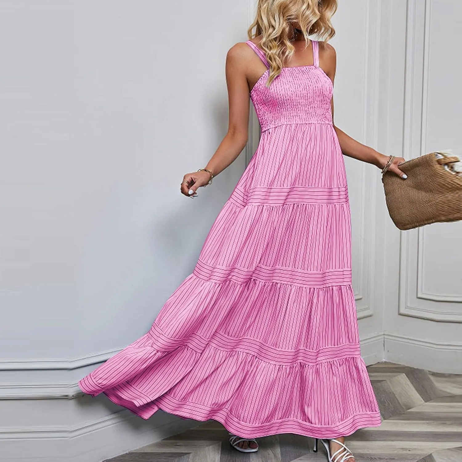 Women's Sleeveless Maxi Dress Striped Print Smocked Sexy Spaghetti Strap Square Neck Flowy Swing Maxi Length Dress