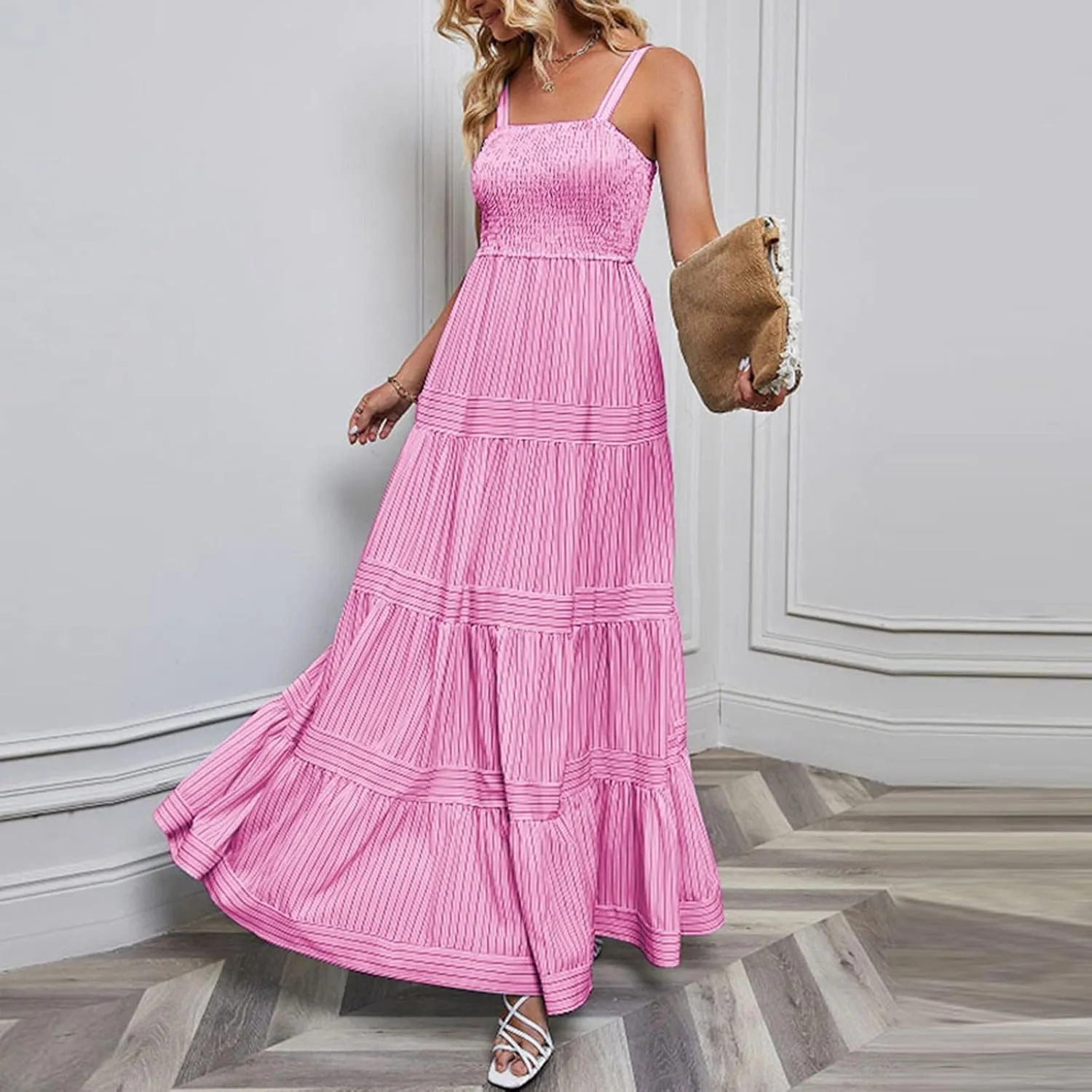 Women's Sleeveless Maxi Dress Striped Print Smocked Sexy Spaghetti Strap Square Neck Flowy Swing Maxi Length Dress