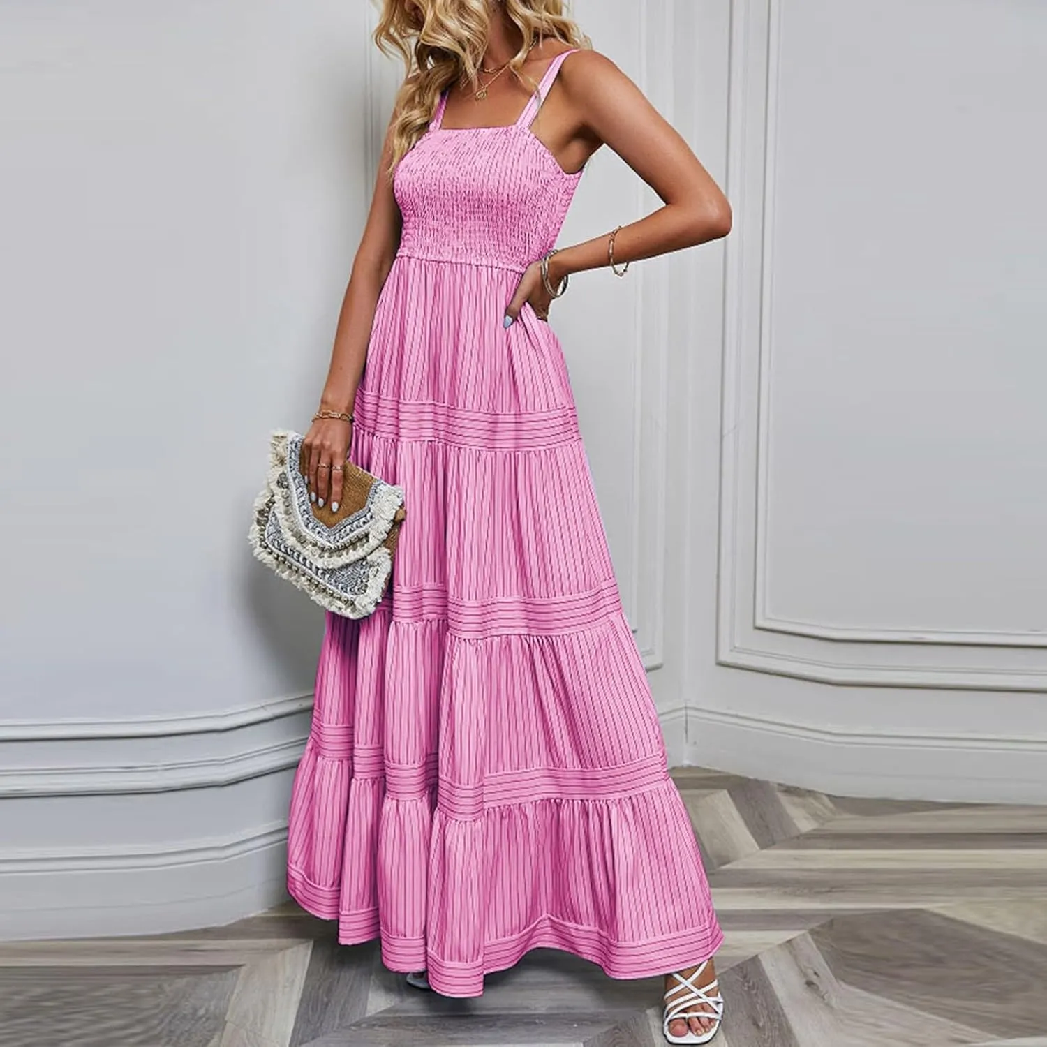 Women's Sleeveless Maxi Dress Striped Print Smocked Sexy Spaghetti Strap Square Neck Flowy Swing Maxi Length Dress