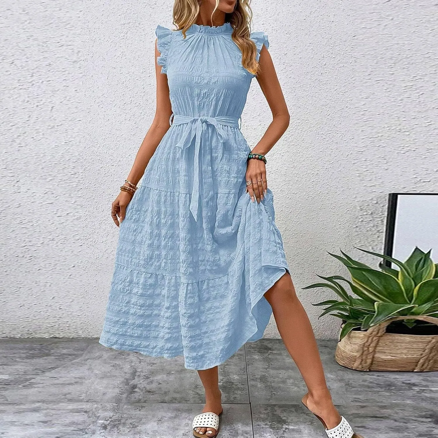 Womens Sleeveless Maxi Dress Summer Casual Ruffle Smocked Bohemian Flowy Tiered A-Line Trendy Beach Vacation Sundress