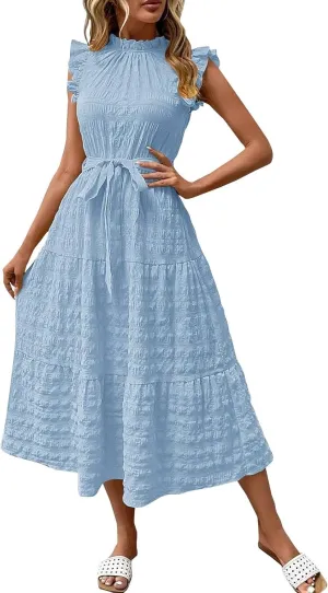 Womens Sleeveless Maxi Dress Summer Casual Ruffle Smocked Bohemian Flowy Tiered A-Line Trendy Beach Vacation Sundress