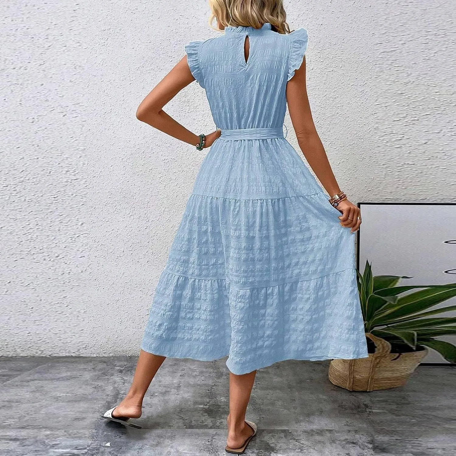 Womens Sleeveless Maxi Dress Summer Casual Ruffle Smocked Bohemian Flowy Tiered A-Line Trendy Beach Vacation Sundress