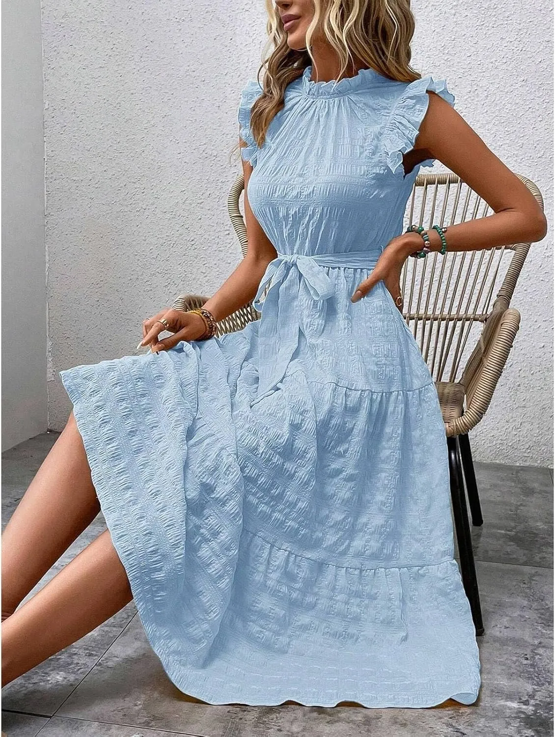Womens Sleeveless Maxi Dress Summer Casual Ruffle Smocked Bohemian Flowy Tiered A-Line Trendy Beach Vacation Sundress