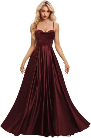 Womens Spaghetti Straps Prom Dresses Pleated Long Formal Party Dress for Teens 2023 Satin Evening Ball Gowns