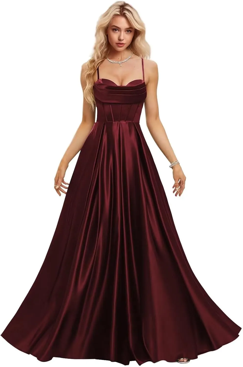 Womens Spaghetti Straps Prom Dresses Pleated Long Formal Party Dress for Teens 2023 Satin Evening Ball Gowns