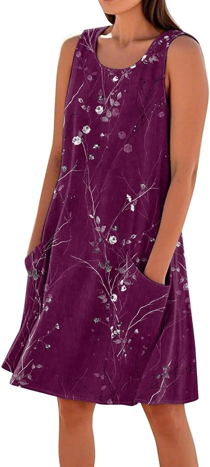 Women's Spring Dresses Round Neck Sleeveless Summer Sundresses Knee Length Tank with Pockets Vacation Dresses