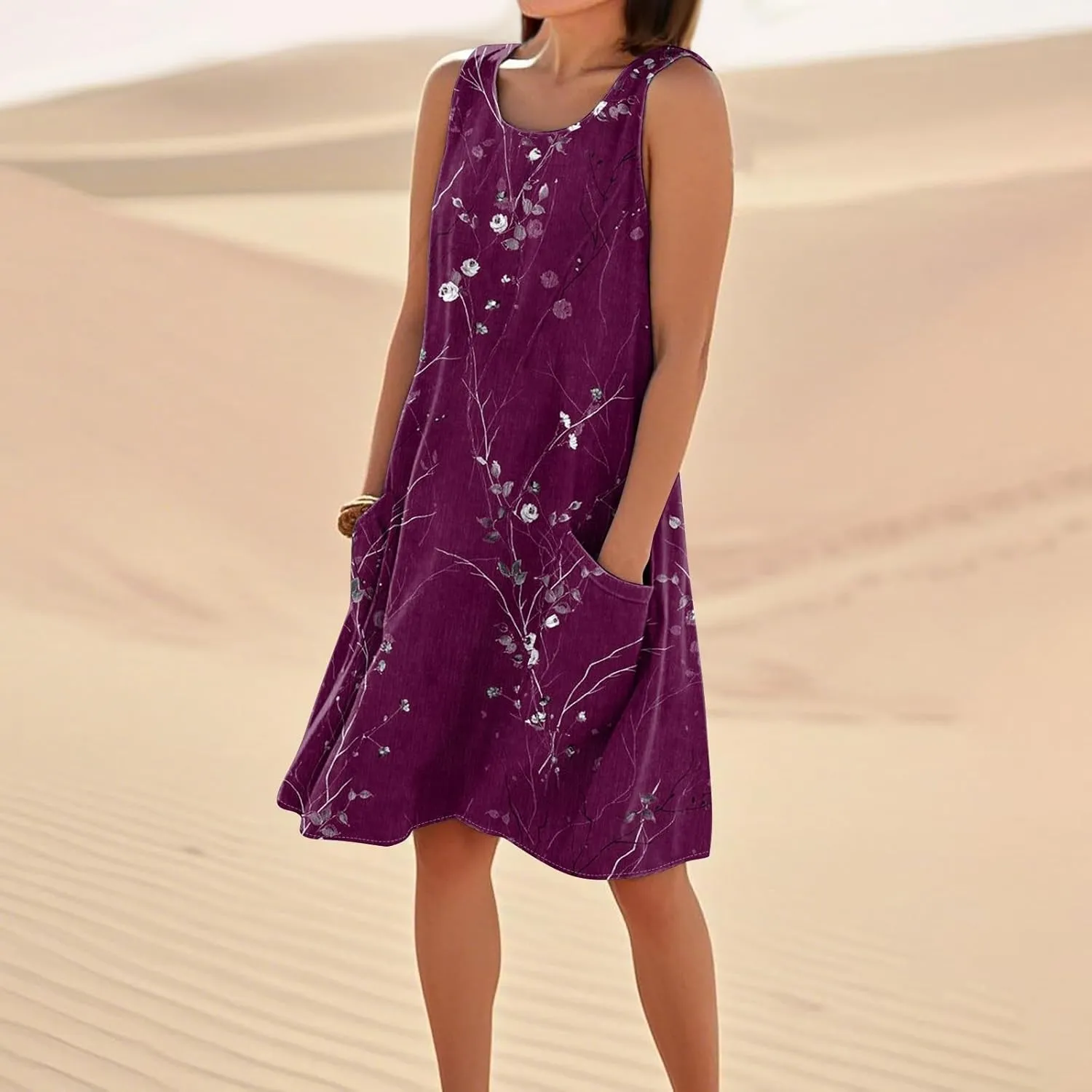 Women's Spring Dresses Round Neck Sleeveless Summer Sundresses Knee Length Tank with Pockets Vacation Dresses