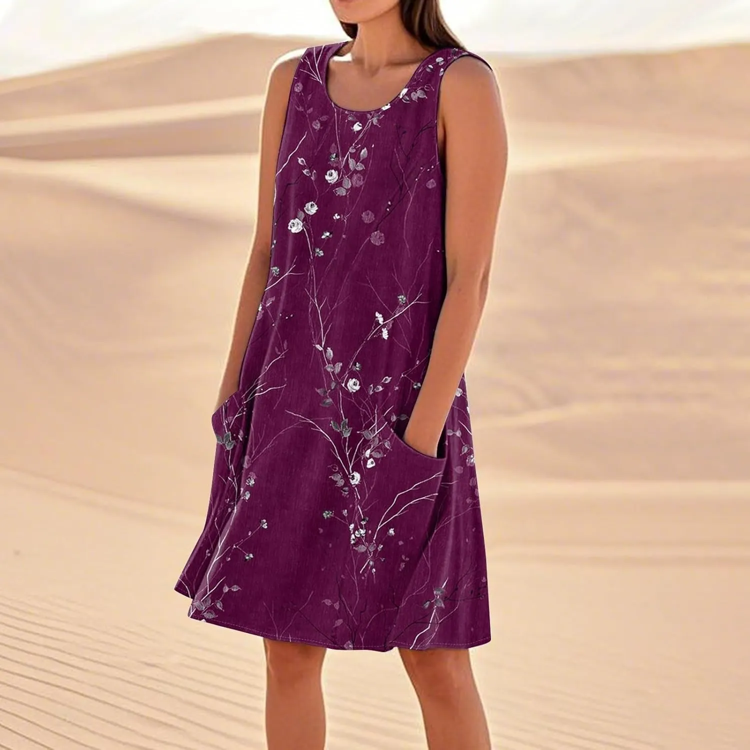 Women's Spring Dresses Round Neck Sleeveless Summer Sundresses Knee Length Tank with Pockets Vacation Dresses