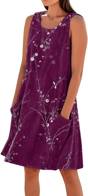 Women's Spring Dresses Round Neck Sleeveless Summer Sundresses Knee Length Tank with Pockets Vacation Dresses