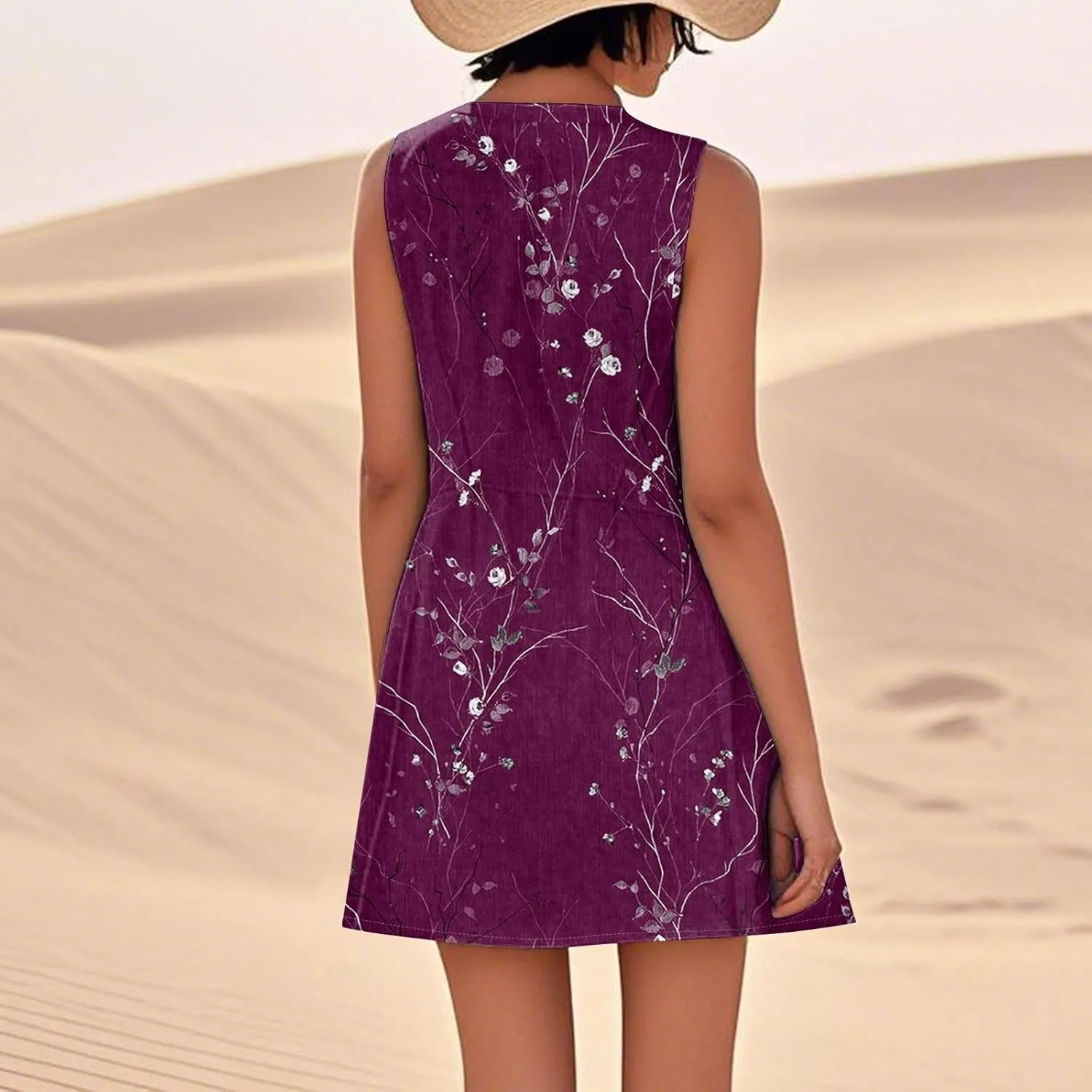 Women's Spring Dresses Round Neck Sleeveless Summer Sundresses Knee Length Tank with Pockets Vacation Dresses