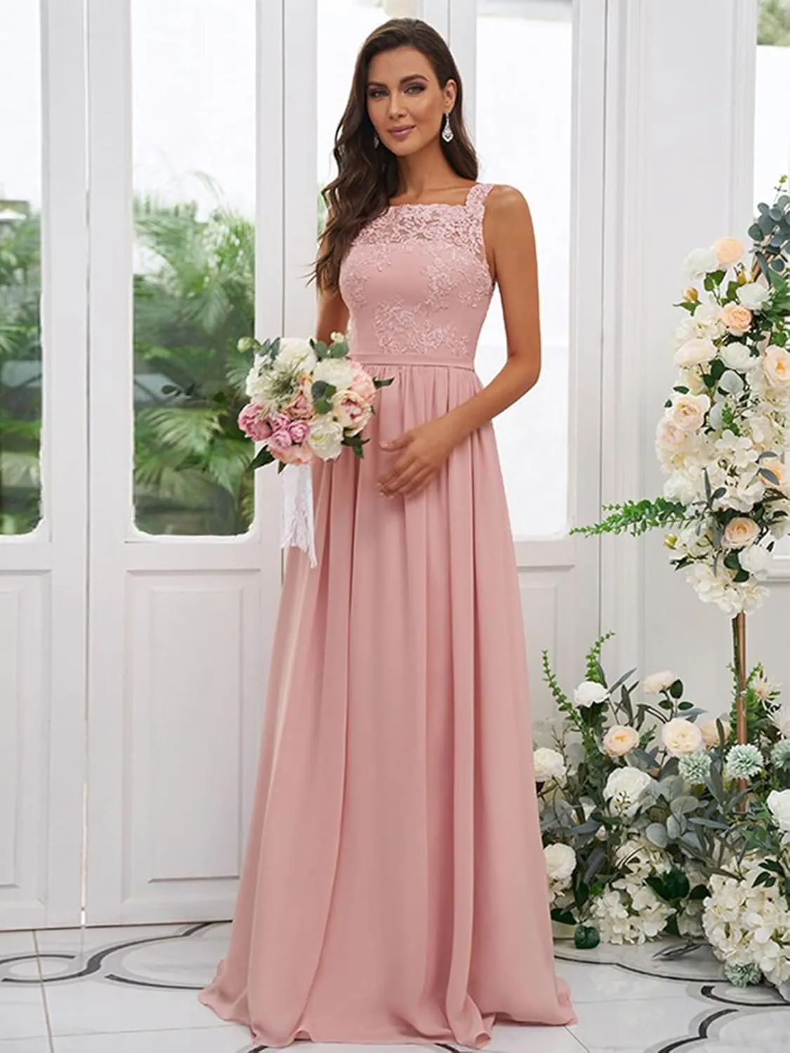 Women's Square Neck Chiffon Lace Bridesmaid Dresses for Wedding A Line Ruched Long Formal Evening Dresses