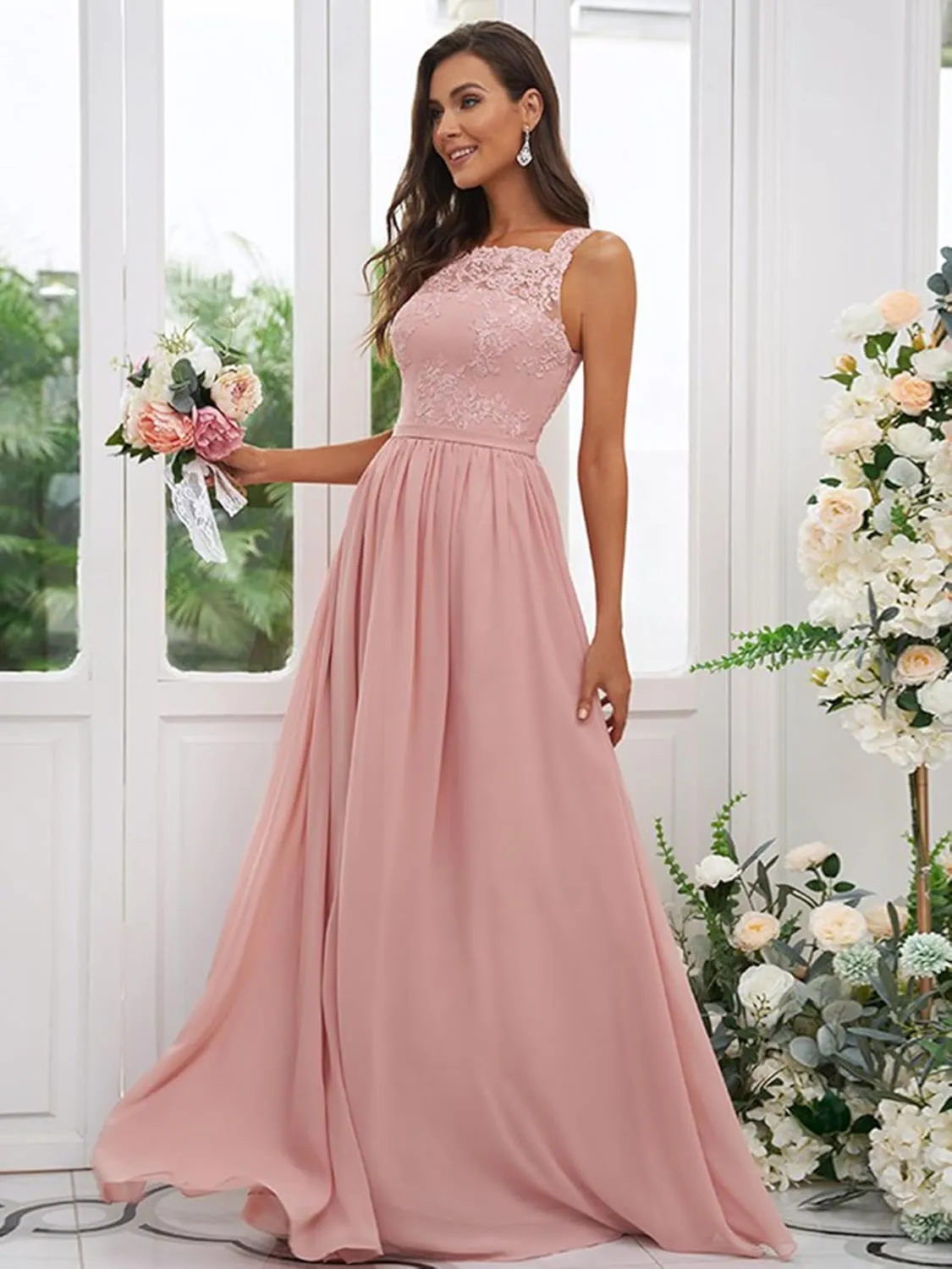 Women's Square Neck Chiffon Lace Bridesmaid Dresses for Wedding A Line Ruched Long Formal Evening Dresses