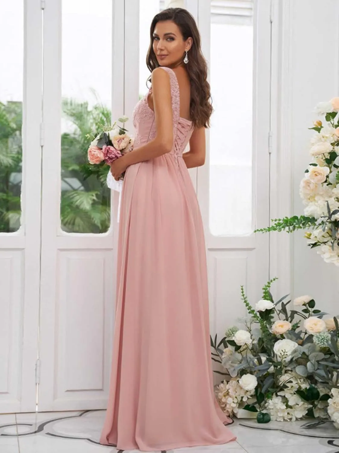 Women's Square Neck Chiffon Lace Bridesmaid Dresses for Wedding A Line Ruched Long Formal Evening Dresses