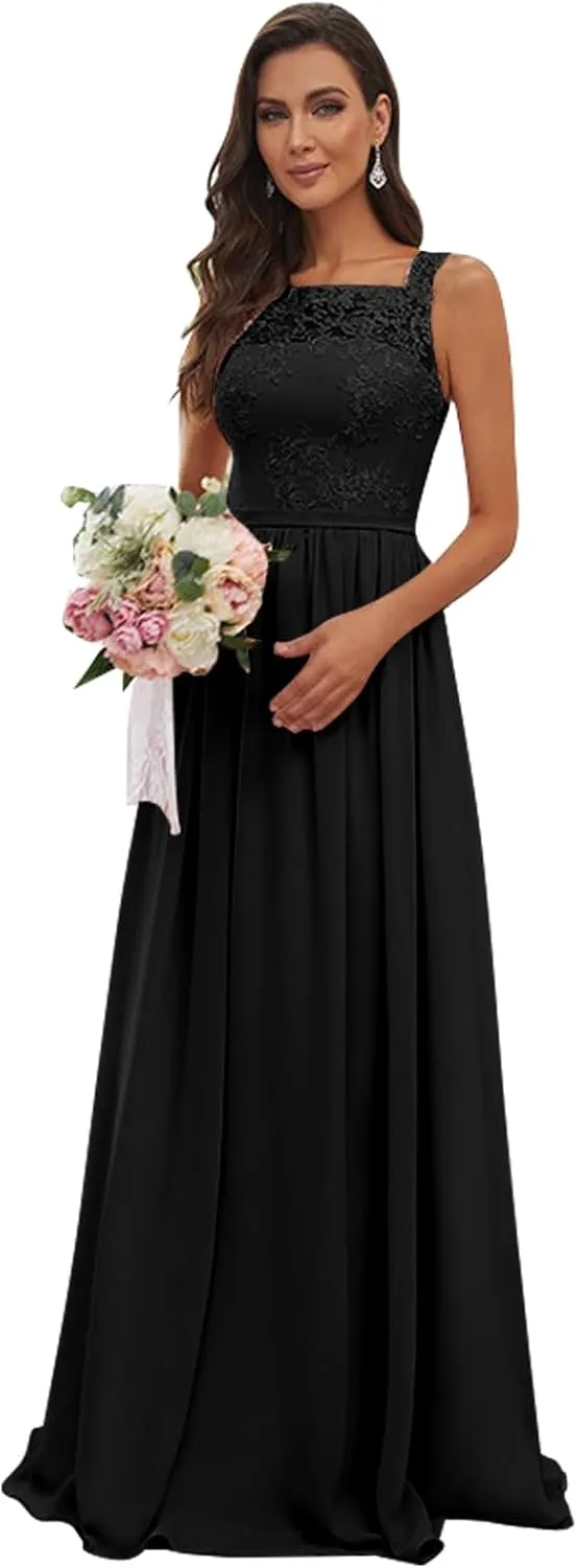 Women's Square Neck Chiffon Lace Bridesmaid Dresses for Wedding A Line Ruched Long Formal Evening Dresses