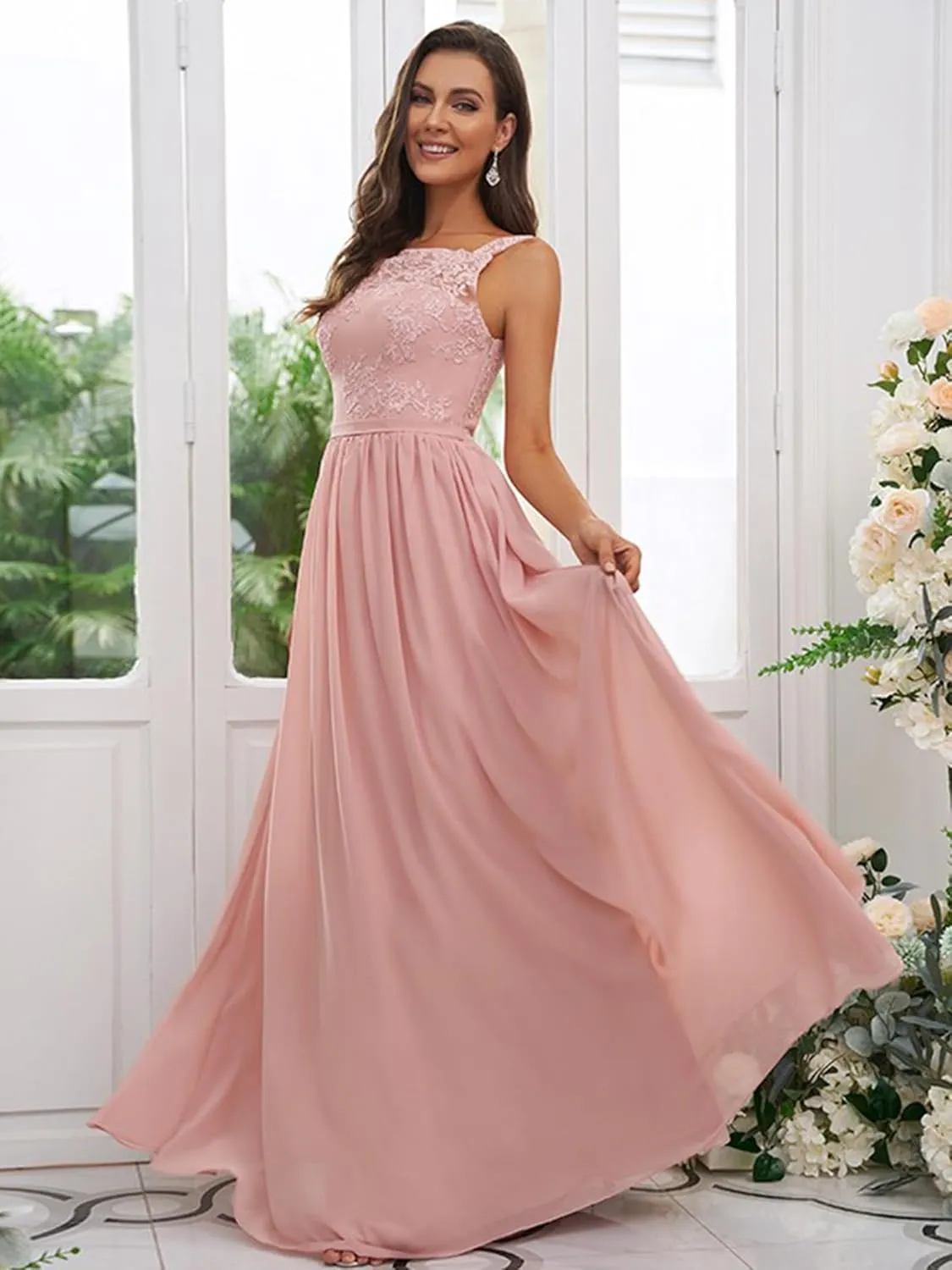 Women's Square Neck Chiffon Lace Bridesmaid Dresses for Wedding A Line Ruched Long Formal Evening Dresses