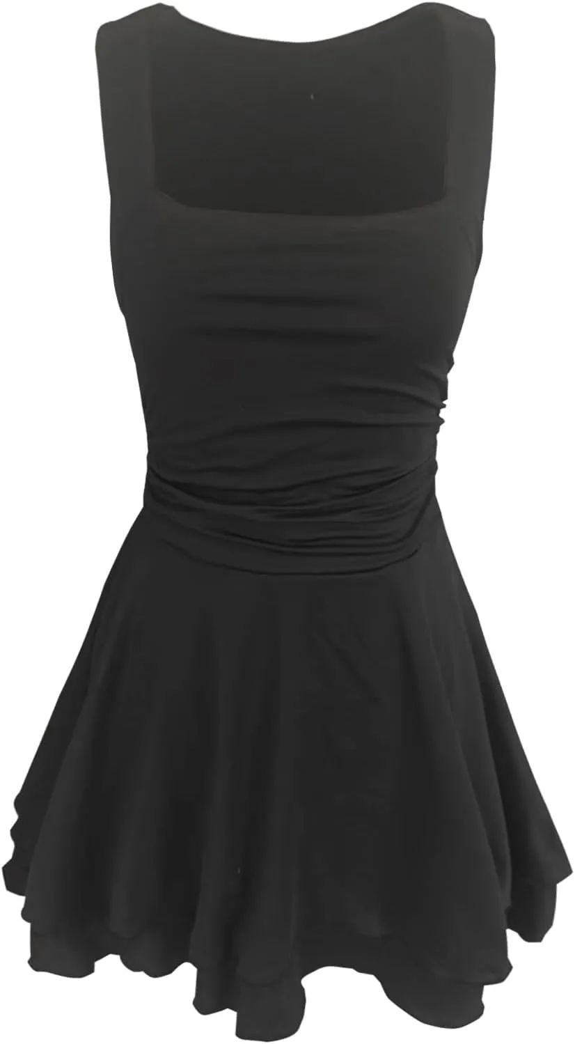 Women's Square Neck Ruffle Hem Mini Dress Ruched Waist Short Party Dresses