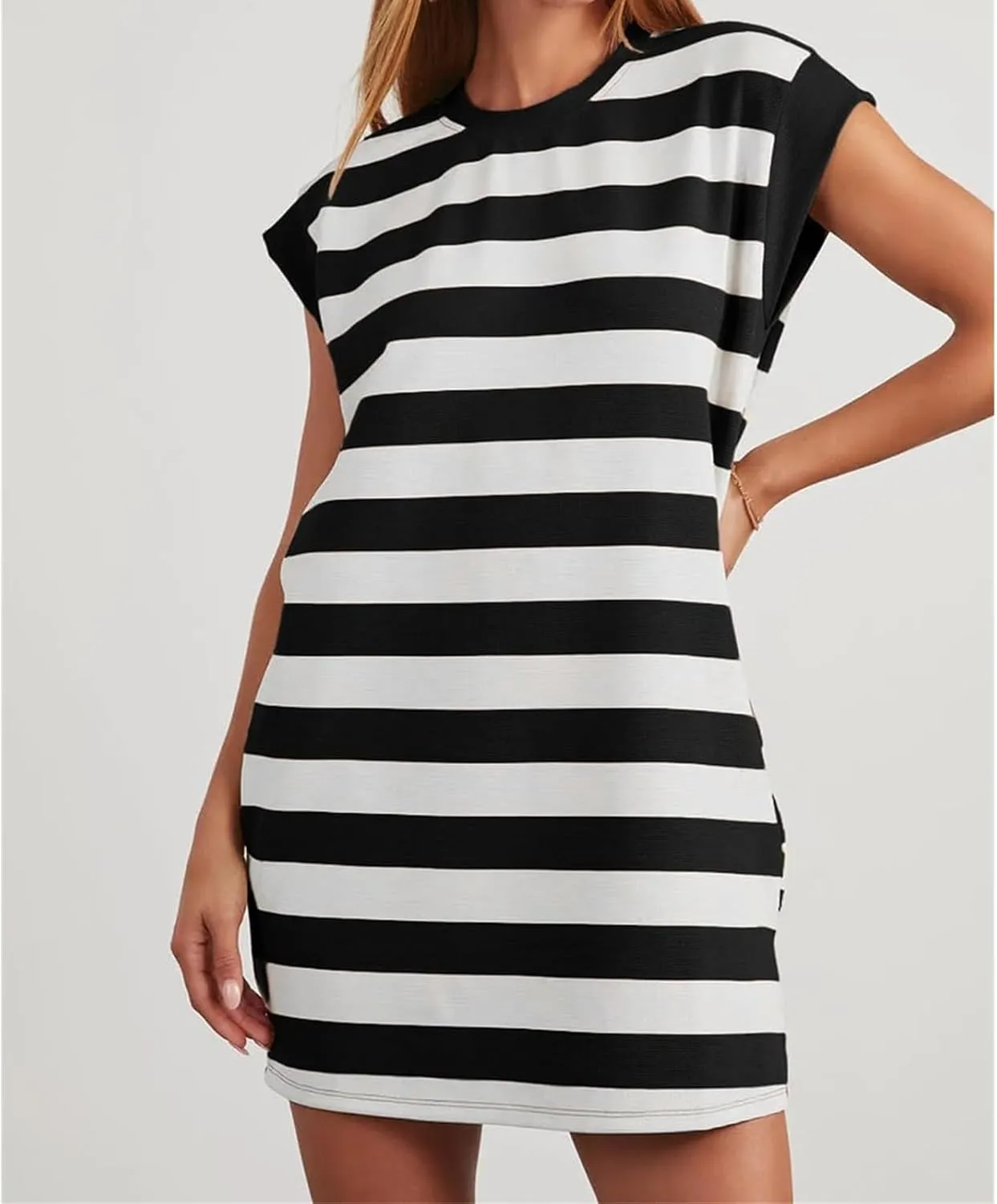 Womens Striped Dress 2025 Casual Summer Crewneck Cap Sleeve Mini Dresses Short A Line Shirt Dress with Pockets