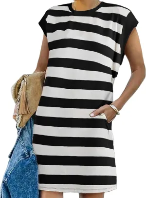 Womens Striped Dress 2025 Casual Summer Crewneck Cap Sleeve Mini Dresses Short A Line Shirt Dress with Pockets