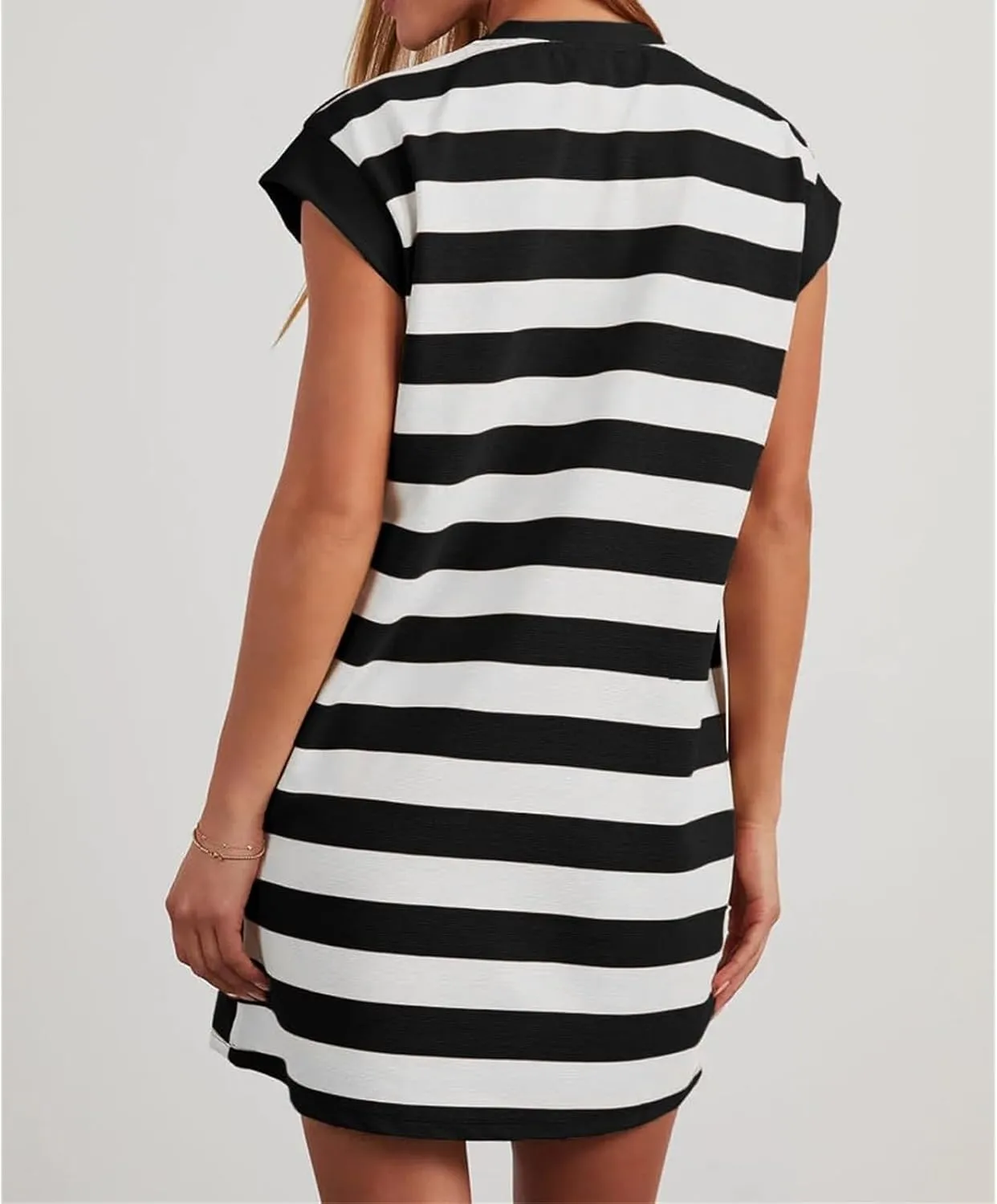 Womens Striped Dress 2025 Casual Summer Crewneck Cap Sleeve Mini Dresses Short A Line Shirt Dress with Pockets
