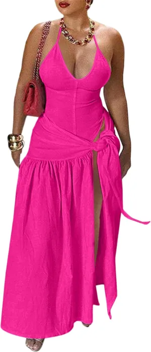Womens Summer 2 Piece Maxi Skirt Sets Sexy Halter V Neck Backless Thong Bodysuits Wrap Beach Cover Ups Vacation Outfits