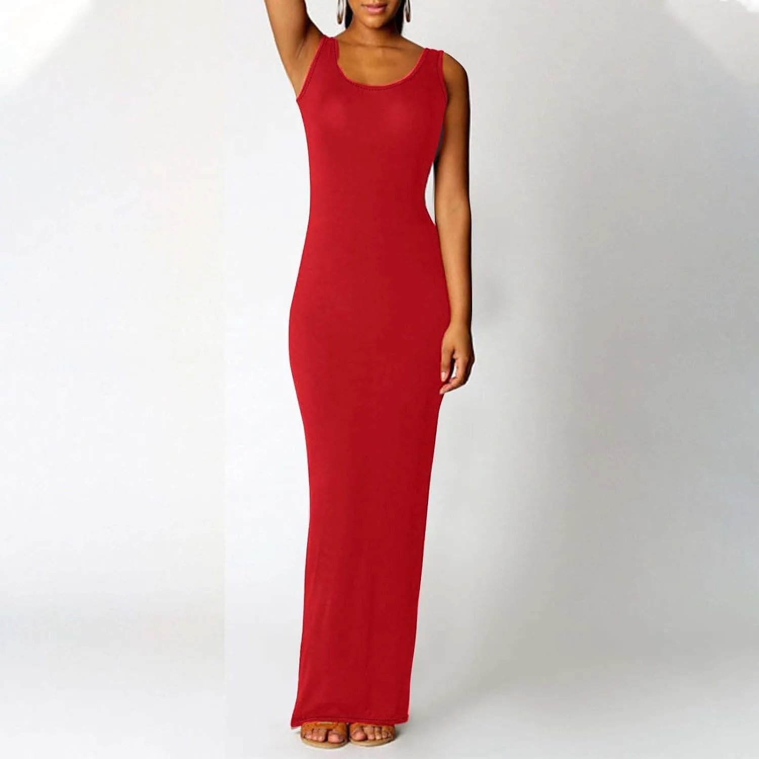 Womens Summer Bodycon Maxi Dresses 2025 Basic Casual Sleeveless Tank Dress Scoop Neck Cocktail Sundresses