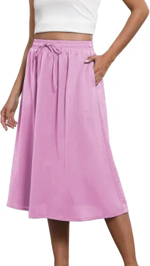 Womens Summer Boho Flowy Swing Tiered A-Line Midi Skirt Fashion Trendy Elastic Waist Pleated Long Beach Dress
