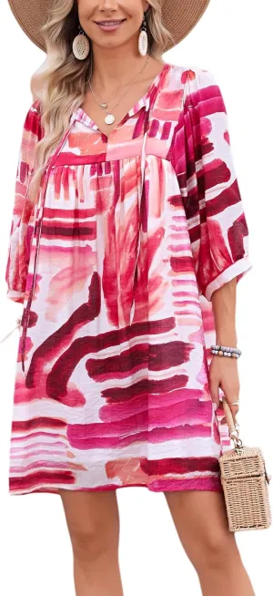 Women's Summer Casual Dresses Boho Floral Drawstring V Neck Lantern Sleeve A-Line Beach Mini Babydoll Dress