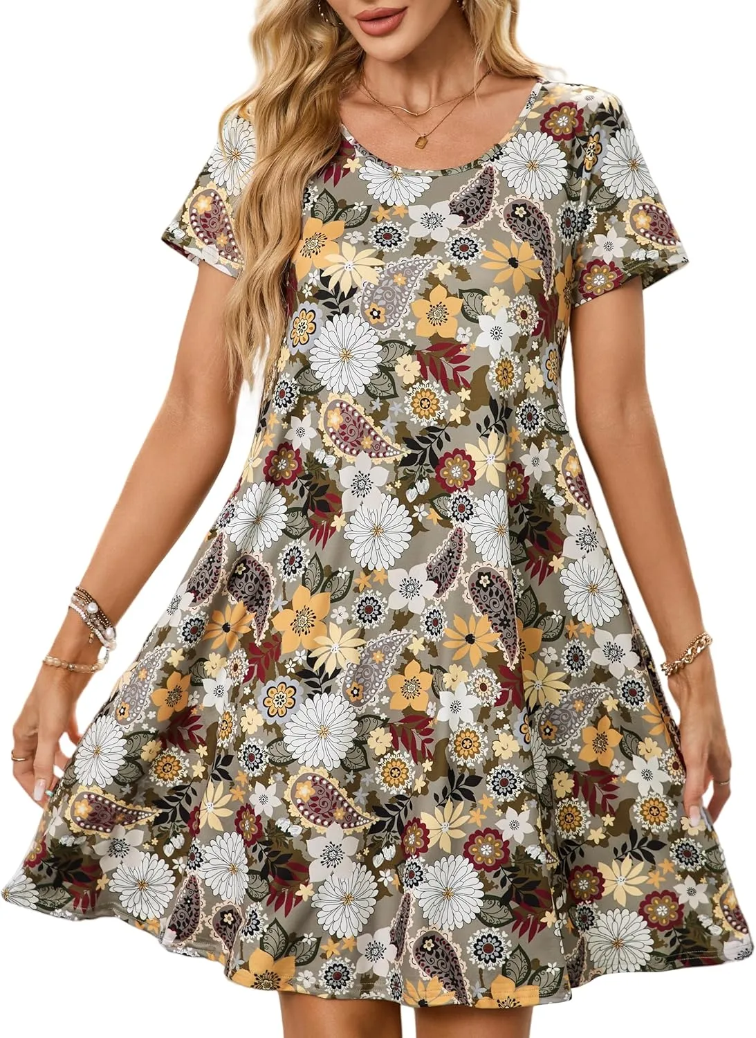 Womens Summer Casual Dresses Paisley Floral T Shirt Dress Short Sleeve Plus Size Sundress Swing Boho Dress with Pockets