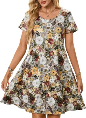 Womens Summer Casual Dresses Paisley Floral T Shirt Dress Short Sleeve Plus Size Sundress Swing Boho Dress with Pockets