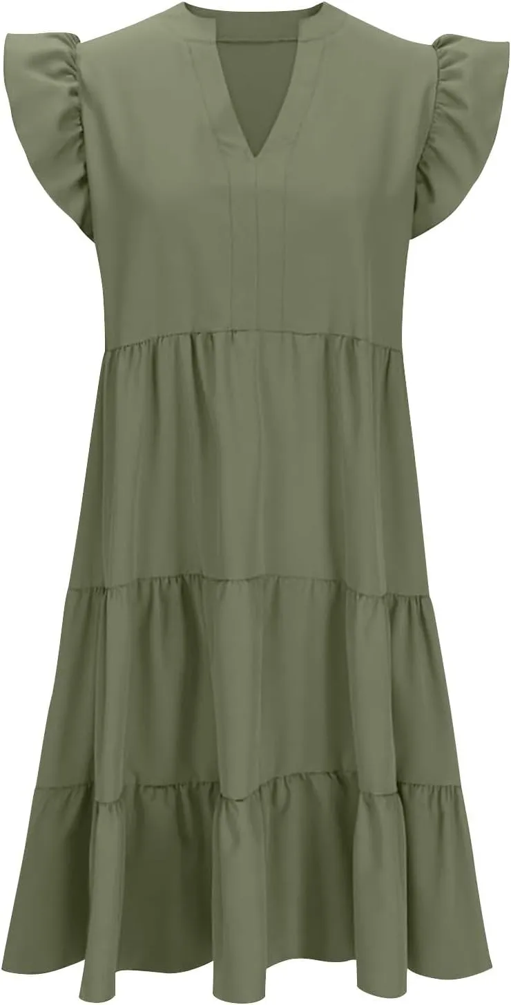 Women's Summer Casual Dresses with Pockets Ruffle Sleeve V Neck Flowy A Line Tiered Beach Vacation Midi Sundress