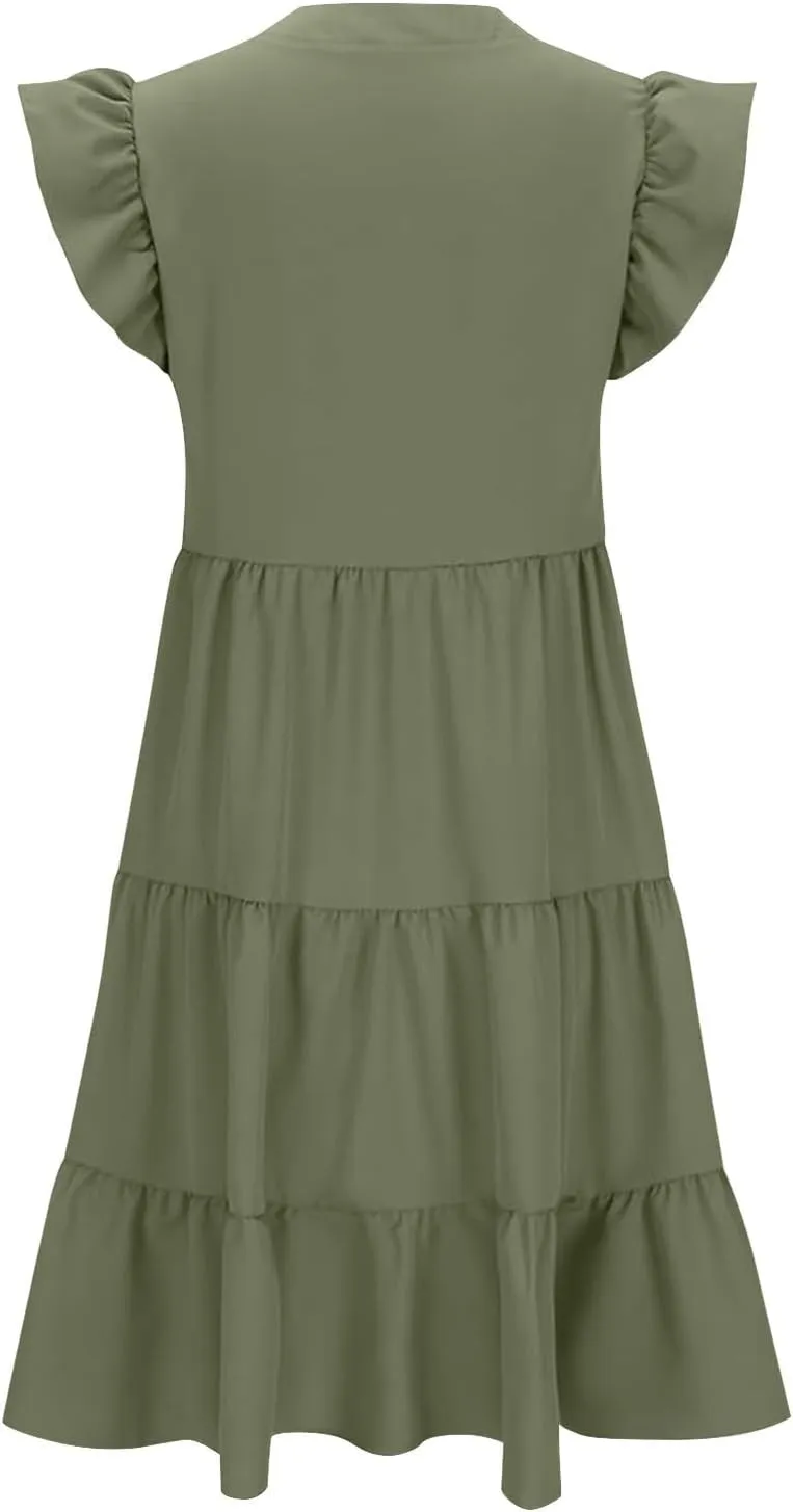 Women's Summer Casual Dresses with Pockets Ruffle Sleeve V Neck Flowy A Line Tiered Beach Vacation Midi Sundress