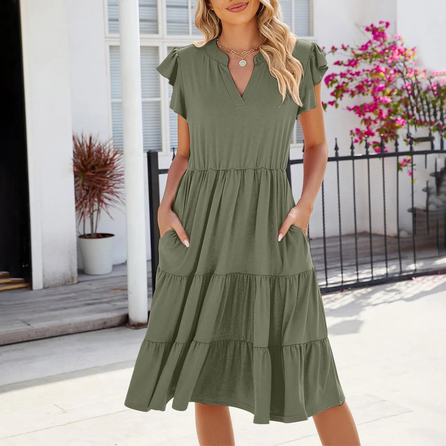 Women's Summer Casual Dresses with Pockets Ruffle Sleeve V Neck Flowy A Line Tiered Beach Vacation Midi Sundress