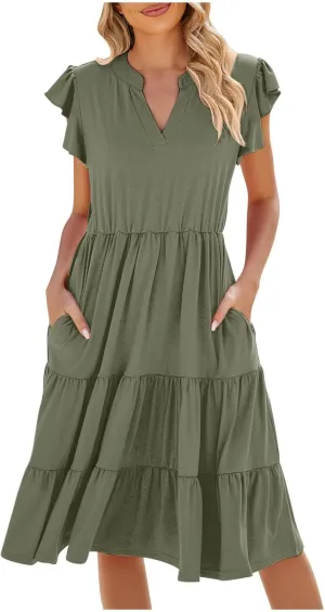 Women's Summer Casual Dresses with Pockets Ruffle Sleeve V Neck Flowy A Line Tiered Beach Vacation Midi Sundress