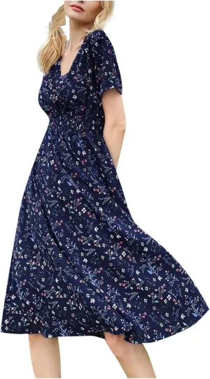 Women's Summer Casual Floral Print Boho Dress 2024 V-Neck Short Sleeve Maxi Dresses, S-5XL