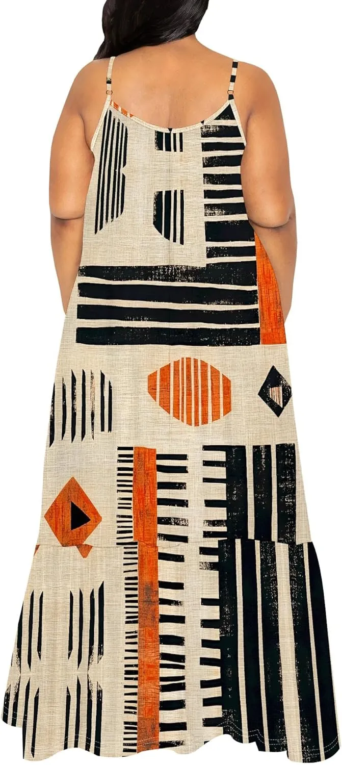 Women's Summer Casual Loose Sleeveless Sundress Spaghetti Straps Flowing African Art Style Beach Vacation Maxi Dress