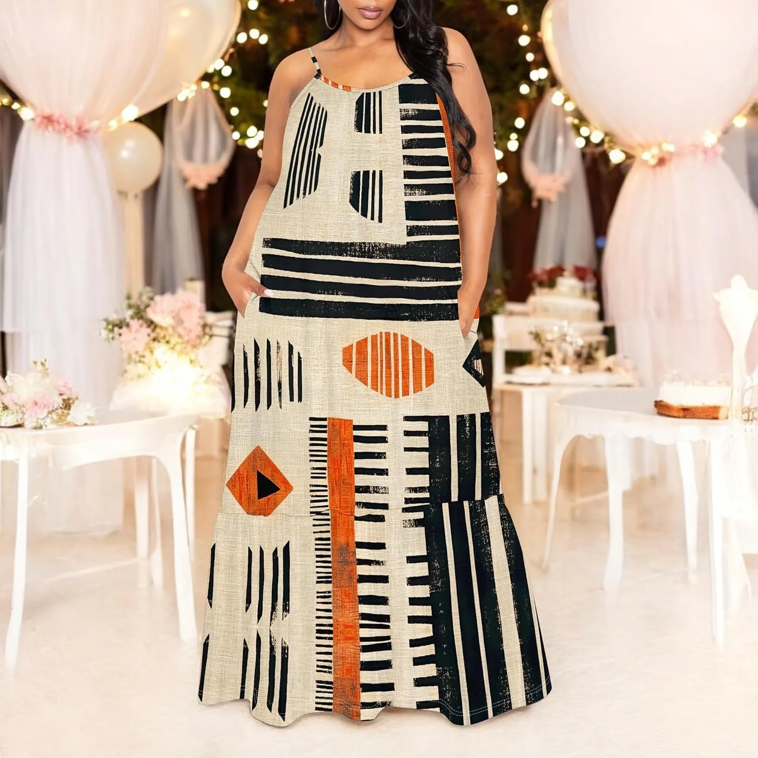 Women's Summer Casual Loose Sleeveless Sundress Spaghetti Straps Flowing African Art Style Beach Vacation Maxi Dress