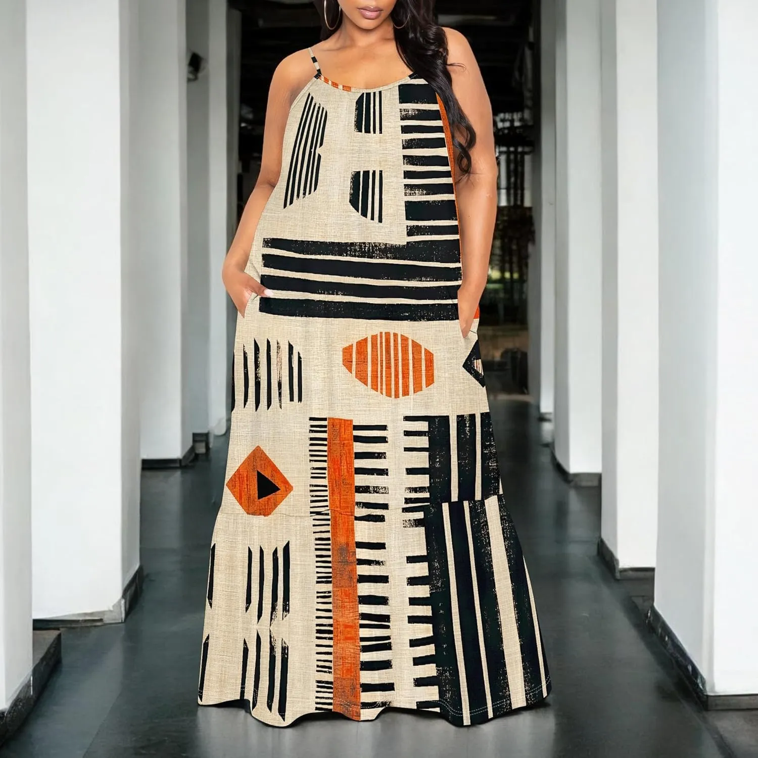 Women's Summer Casual Loose Sleeveless Sundress Spaghetti Straps Flowing African Art Style Beach Vacation Maxi Dress