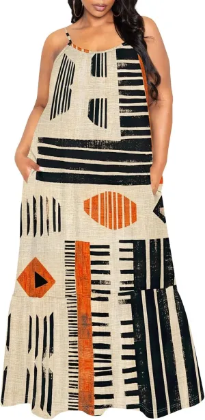 Women's Summer Casual Loose Sleeveless Sundress Spaghetti Straps Flowing African Art Style Beach Vacation Maxi Dress